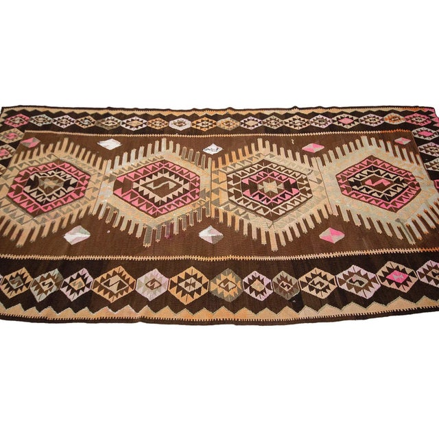 Brown & Pink Vintage Turkish Kilim Rug For Sale - Image 4 of 7