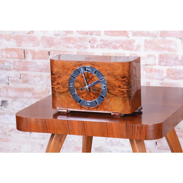 Art Deco Table Clock in Walnut, Czech, 1920s For Sale - Image 3 of 11