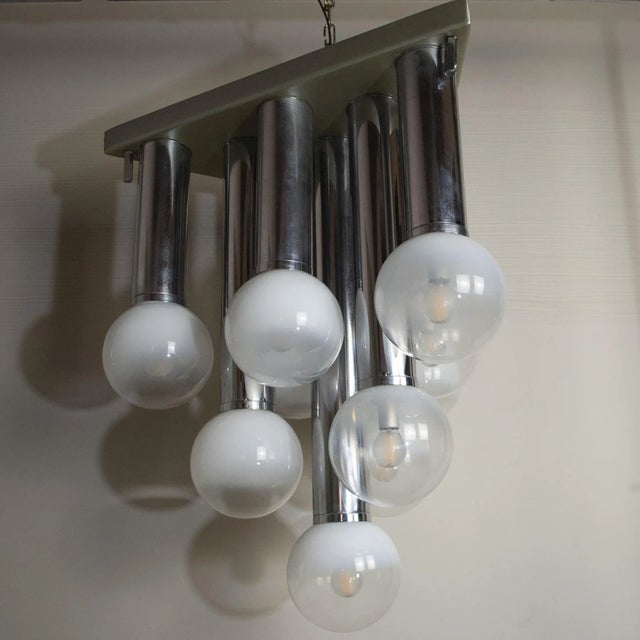 Metal Pendant Chandelier With Lights in Satin Glass, Italy, 1970s For Sale - Image 7 of 17