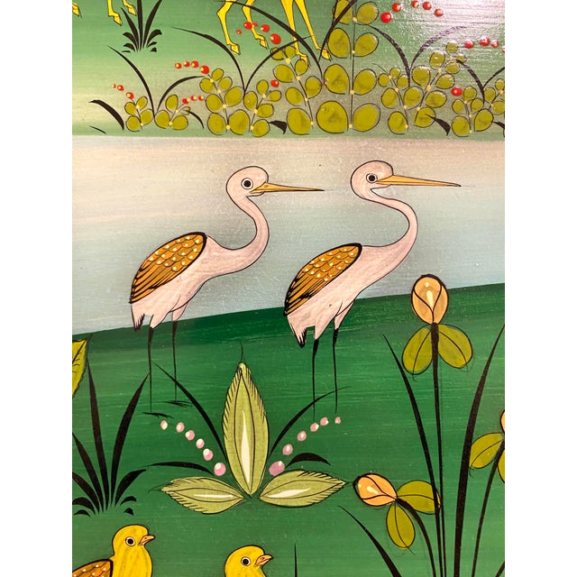 Green Mid 20th Century Arturo Alcala Mexican Folk Art Painting – Landscape With Birds, Owls, Elephants For Sale - Image 8 of 15