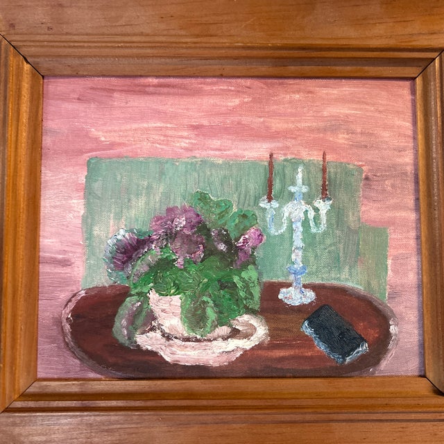 1970’s original folk art still life painting titled “One Sunday”. Signed on the back and framed. Measures 15x13 overall....