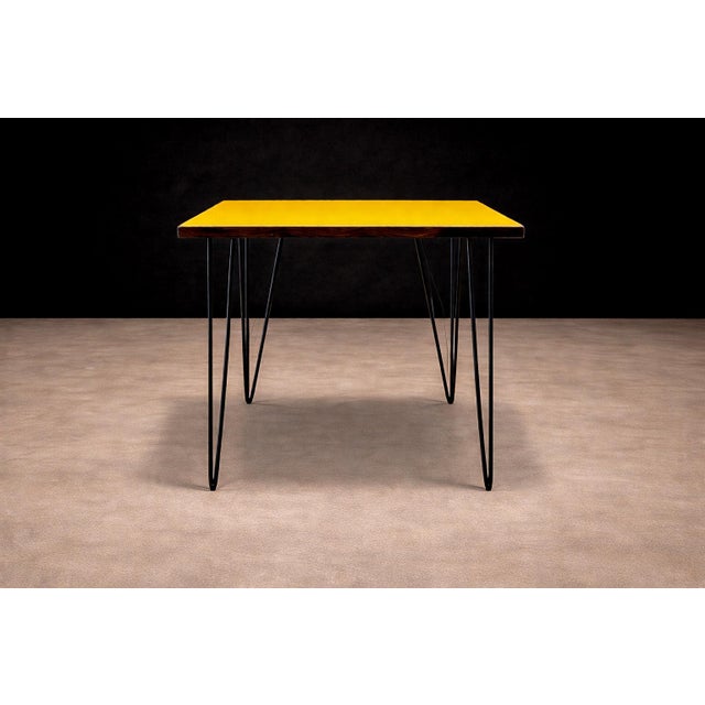 Yellow Table in Hardwood & Iron, Unknown 1950s For Sale - Image 8 of 9