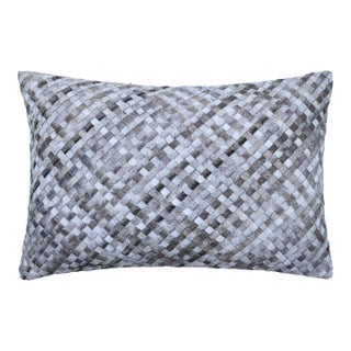 Luxury Gray & White Woven Cowhide Leather Throw Pillow 16x24 | Handmade Designer Lumbar Cushion For Sale