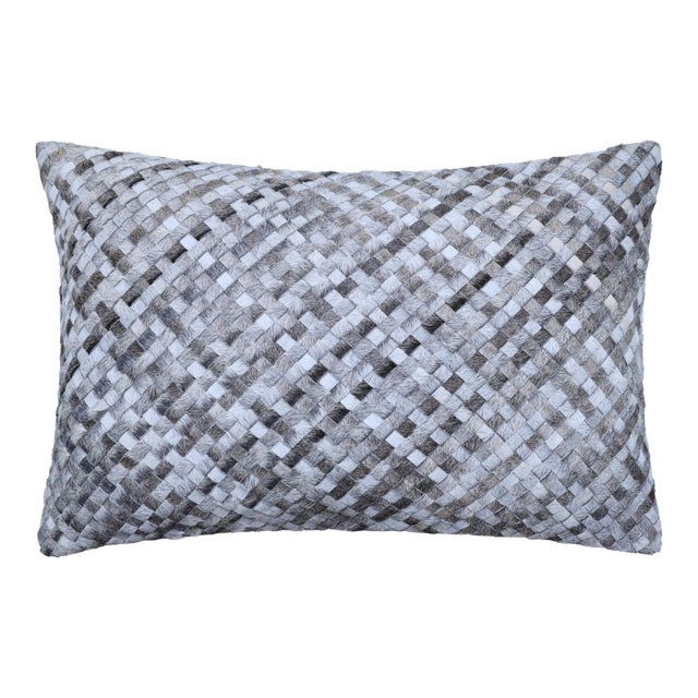 Luxury Gray & White Woven Cowhide Leather Throw Pillow 16x24 | Handmade Designer Lumbar Cushion For Sale
