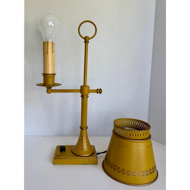 Mustard Vintage French Empire Bouillotte Mustard and Gold Tole Library Table Lamp For Sale - Image 8 of 11