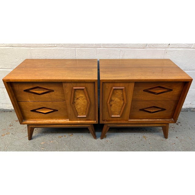 Unique Mid-Century Walnut & Burl Diamond Front Night Stands For Sale - Image 4 of 15