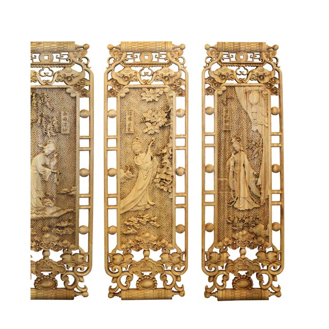 Chinese Set Of 4 Rectangular Four Beauties Wooden Wall Plaque