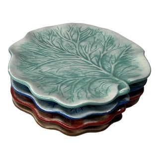 Vintage Handmade Colored Cabbage Ware Plates, Set of 4 For Sale