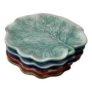 Vintage Handmade Colored Cabbage Ware Plates, Set of 4