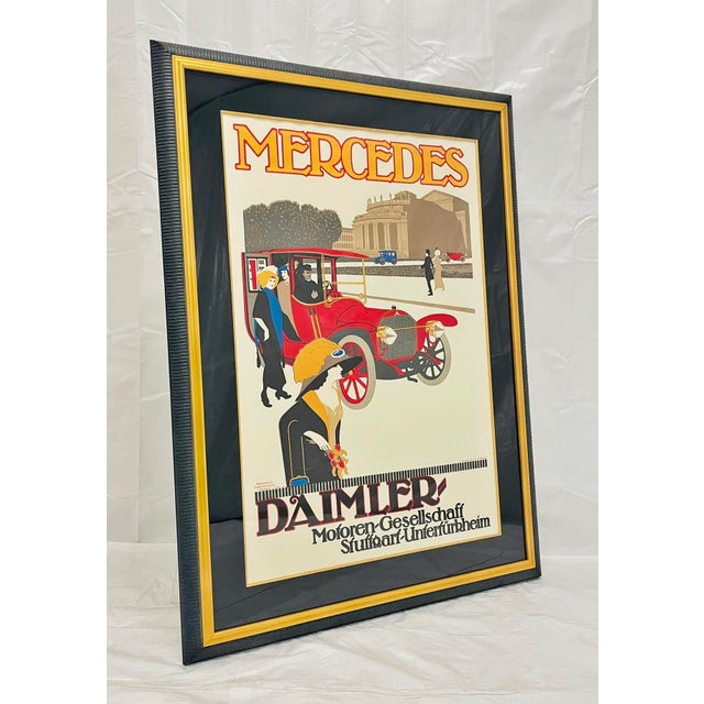 Cream Vintage Mercedes Benz Stuttgart Lithograph Poster Framed Art Deco For Sale - Image 8 of 16