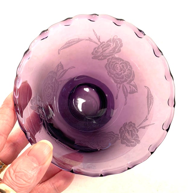 Purple Early 20th Century Mid Century Modern Fostoria Floral Etched Amethyst Glass Century Pedestal Serving Bowl For Sale - Image 8 of 10