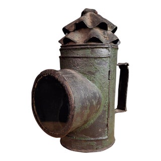 Antique Tin Bullseye Candle Lantern Crimped Top Green Painted Belt Lamp For Sale