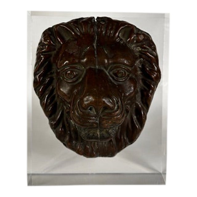 Antique Zinc Lion Sculpture on Lucite Mount For Sale