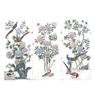 Vibrant Green Chinoiserie Mural | 3-Panel Hand-Painted Peony & Bird Wallpaper For Sale