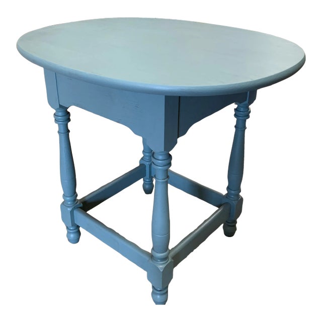 1970s Country Rustic Teal Painted Oval Side Table For Sale