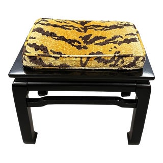 1950s Mid Century Black Lacquer Bench With Tiger Upholstery For Sale