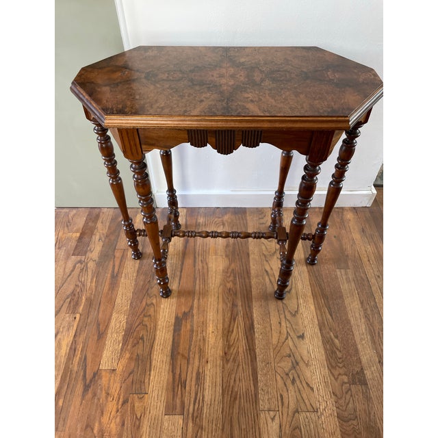 Early 20th Century Antique Victorian Burl Walnut Octagonal Side Table, Bobbin Turned Legs For Sale - Image 5 of 10