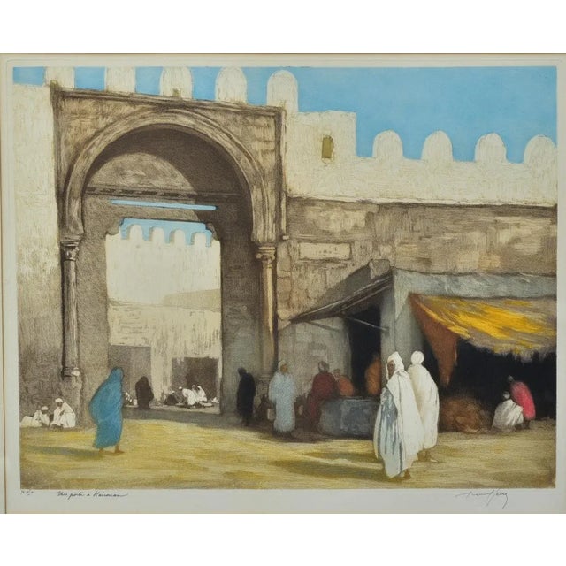 Orientalist Aquatint With Market Scene Outside Mosque, Kairouan, Tunisia, Circa 1890 18"x23" image size 28 1/2" x 33"...