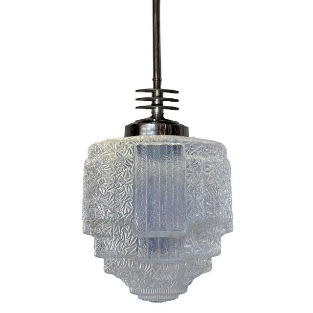 Art Deco 1930s Art Deco Chrome Streamline Pendant Light W/ Skyscraper Cobalt Blue Glass Shade For Sale - Image 3 of 9