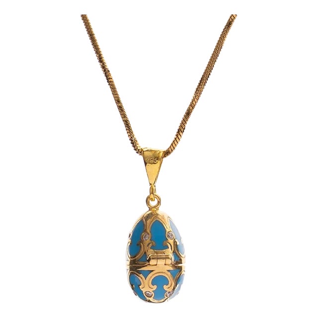 Lucky Clover Turquoise Enamel Egg Gold Necklace For Sale