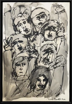 1960s "Faces in the Crowd" Minimalist Mixed-Media Painting on Canvas, Framed