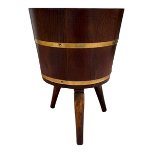 1970s Brass Banded Wood Barrel Tripod Planter Stand