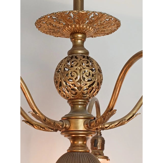 Late 19th Century Antique Steuben Style Brass 5-Armed Chandelier For Sale - Image 5 of 16