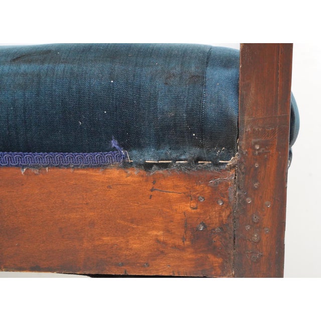 Mid 20th Century Traditional 121.75 In. Blue Velvet Walnut Settee Bench For Sale - Image 15 of 16