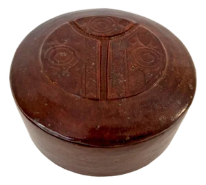 Vintage Round Ethnic Hand-Tooled Tuareg Leather Box African Folk Art Mauritania