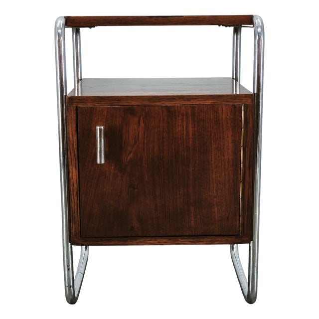 Bauhaus Tubular Chrome and Oak Nightstand, Former Czechoslovakia, 1940s For Sale