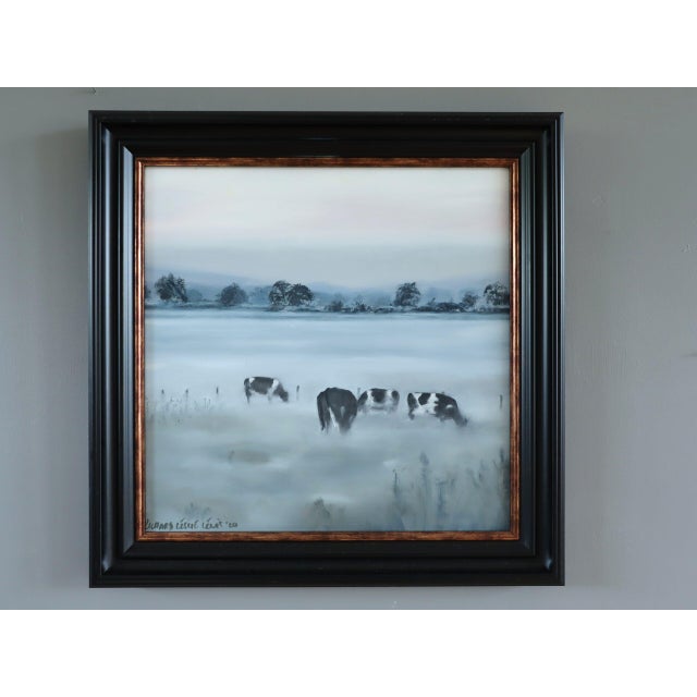 FRIESIANS IN THE MIST Size: 14.8 x 14.8 inches (including frame) Oil on board A brilliantly atmospheric painting of...
