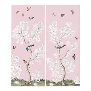 20" *40"/Panel, a Set of 2 Panels Pink Chinoiserie Printed Wallpaper Panels,Tea Wallpaper For Sale