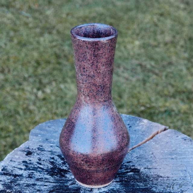 Angled stoneware vase, wheel-thrown from speckled stoneware and hand-painted with "Oolong Matte Shino" glaze. Approximate...