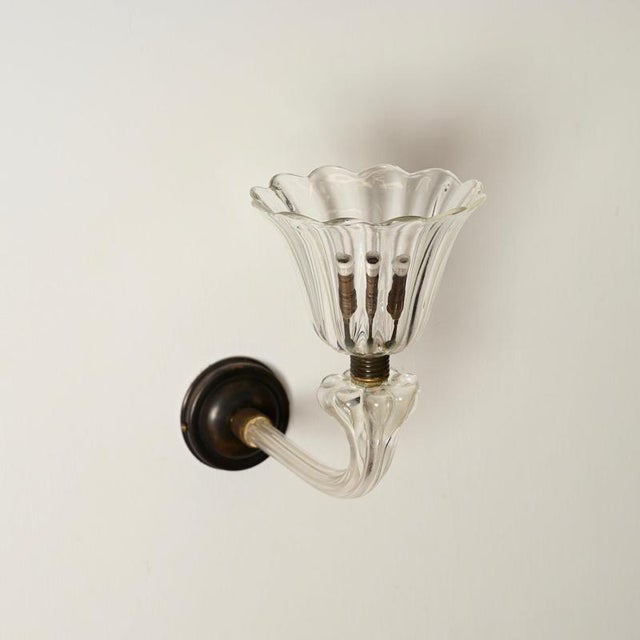 Large Murano Glass and Bronzed Brass Flower Sconces from Barovier, Italy, 1940s, Set of 2 For Sale - Image 3 of 13