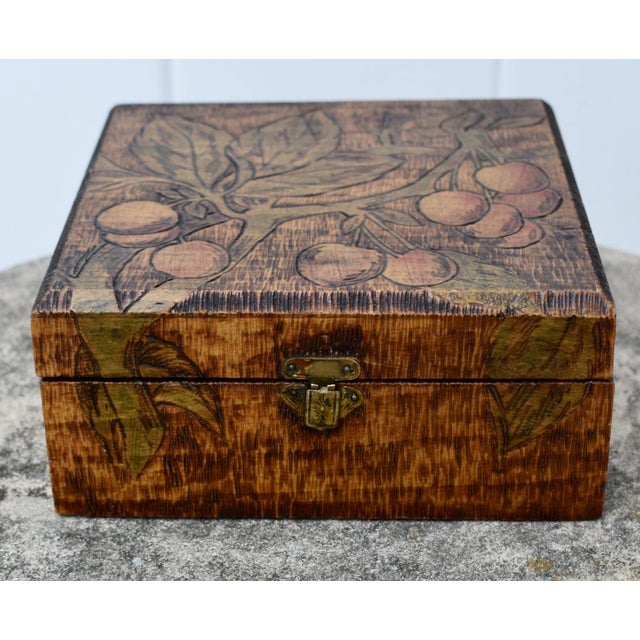 Rustic Vintage Pyrography Carved Lidded Box W/Leaves & Fruit For Sale - Image 3 of 13