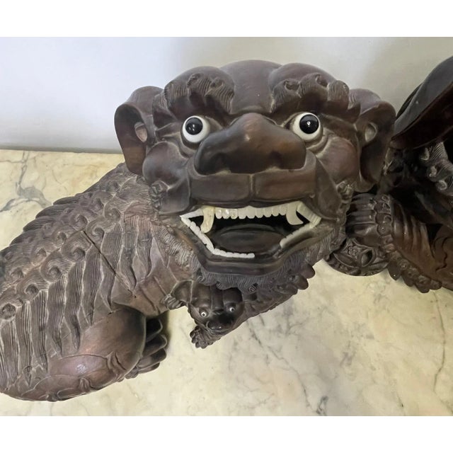 19th Century Pair of 18th/19th Century Solid Teak Foo Dogs, Opposing, Statuary, For Sale - Image 5 of 13