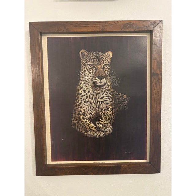 Vintage wildlife print titled “Leopard” by M. Brice, featuring a detailed seated leopard against a deep brown background....