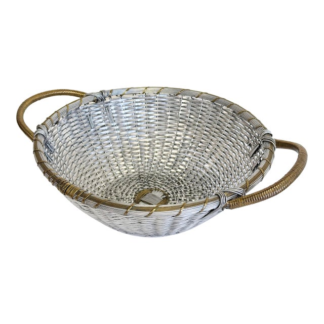 Vintage French Style Silver Woven Handled Basket For Sale