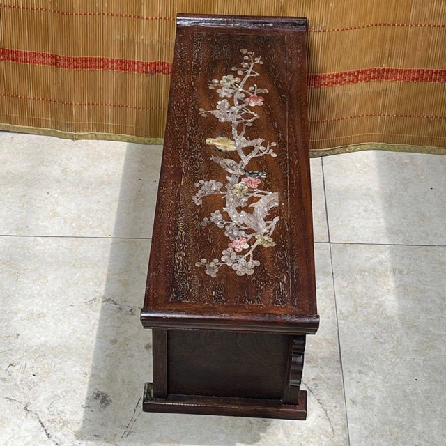 Wood Vintage Chinese Hardwood Mother-of-Pearl Inlaid "Magpie & Plum" Altar Table (Tea Stand) For Sale - Image 7 of 9
