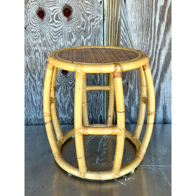 Vintage Coastal Rattan Low Stool For Sale - Image 4 of 7