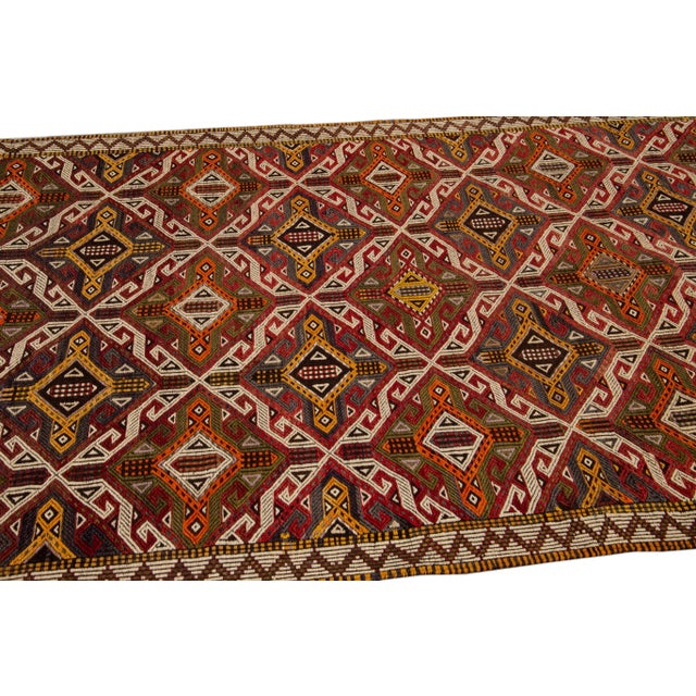 1960s Vintage Indian Sumack Handmade Brown Geometric Wool Rug For Sale - Image 4 of 9