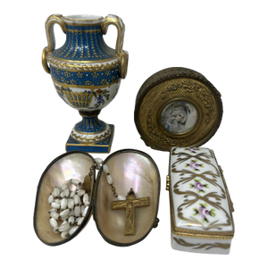 Antique French Ormolu Casket Jewelry Box Sevres Urn Vase Religious Rosary Beads