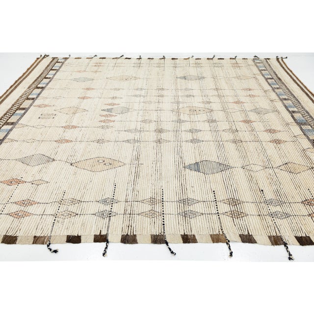 Cream Contemporary Handmade Moroccan Style Wool Area Rug With Geometric Diamond Motifs For Sale - Image 8 of 11
