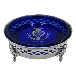 Vintage Ritz Paris Cobalt Blue Glass Dish Silver Stand Hotel Ashtray France For Sale