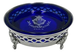 Vintage Ritz Paris Cobalt Blue Glass Dish Silver Stand Hotel Ashtray France
