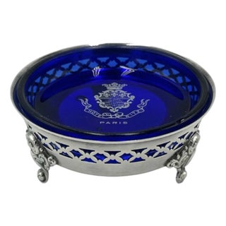 Vintage Ritz Paris Hotel Cobalt Blue Glass Dish Silver Stand Ashtray France For Sale