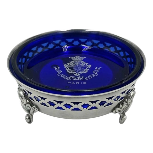 Vintage Ritz Paris Hotel Cobalt Blue Glass Dish Silver Stand Ashtray France For Sale