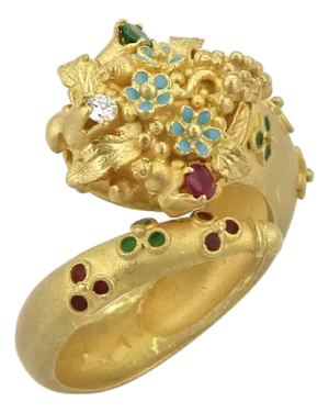 Diamond Ruby Emerald 18k Yellow Gold Enamel Snake Bypass Ring - Size 7