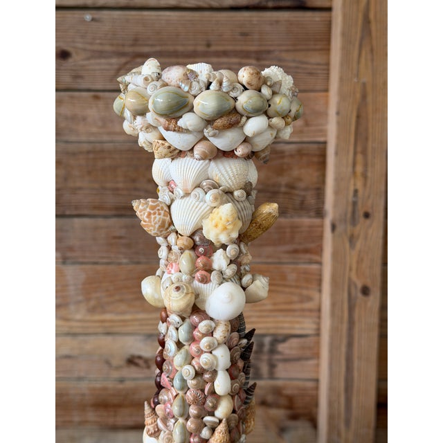 Vintage Handcrafted Coastal Seashell Encrusted Wood Pedestal Candleholder For Sale - Image 9 of 12