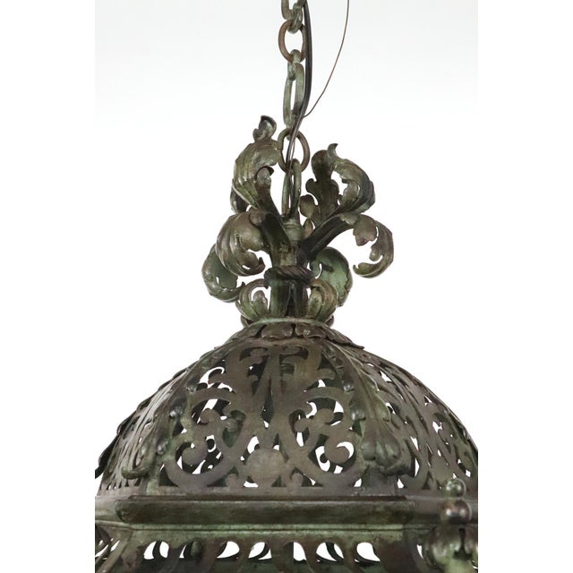 Restored Antique French Wrought Iron Exterior Lantern Pendant Light For Sale - Image 4 of 16